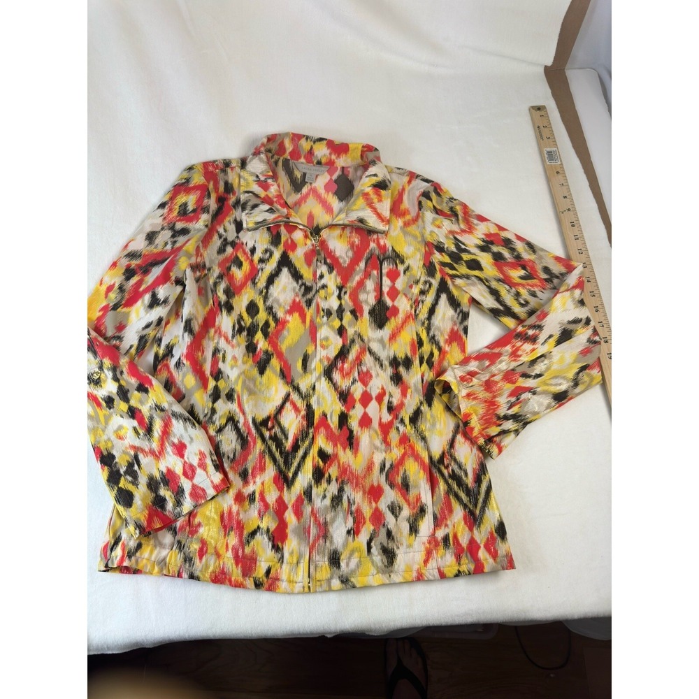 Laura Ashley Lightweight Jacket M Full Zip Collar IKAT print top pocket Fall
